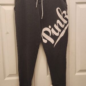Pink Victorias Secret Gray Sweatpants With Bright White Logo Sz Med